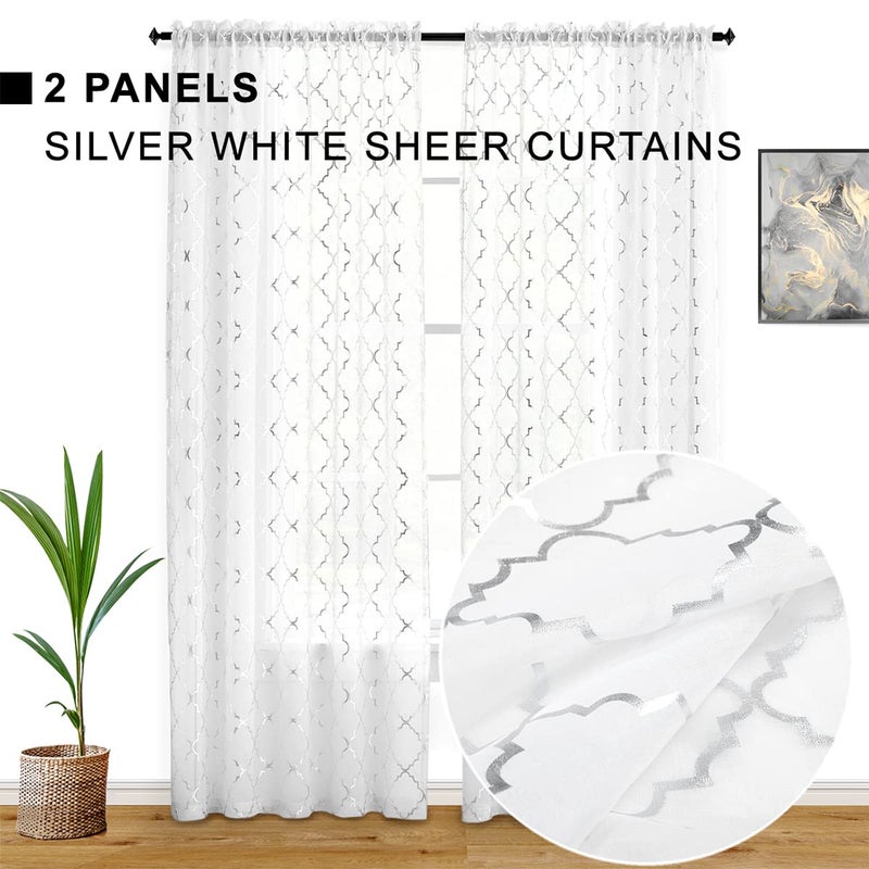 Kotile Silver White Sheer Curtains 84 Inch Length 2 Panels Metallic Shimmer Sparkle Sheer Curtains for Living Room, Rod Pocket Privacy Light Filtering Moroccan Pattern Window Curtains, W52 x L84 Inch - Image 2